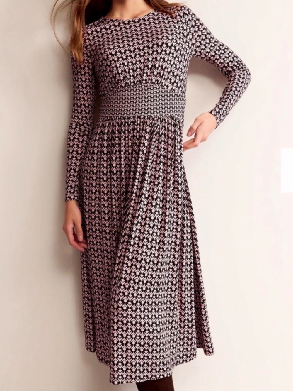 Boden Thea Midi Dress Pink Black Geometric Floral Jersey Pockets Women's 14R